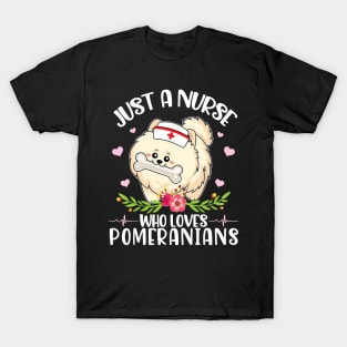 Dog Nurse Hearts Flowers Just A Nurse Who Loves Pomeranians T-Shirt